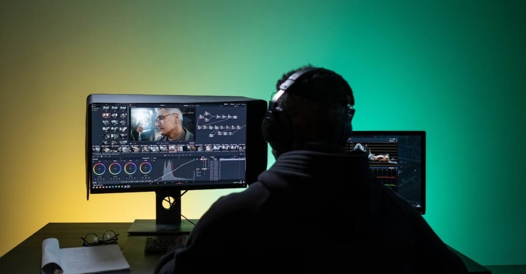 A Man Sitting on Front of the Computer while Editing Video
